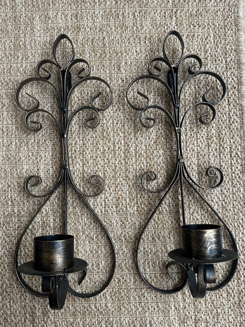 Set of 2 Vintage Rococo Wall Sconces Antique Bronze Black Metal Candle Holder